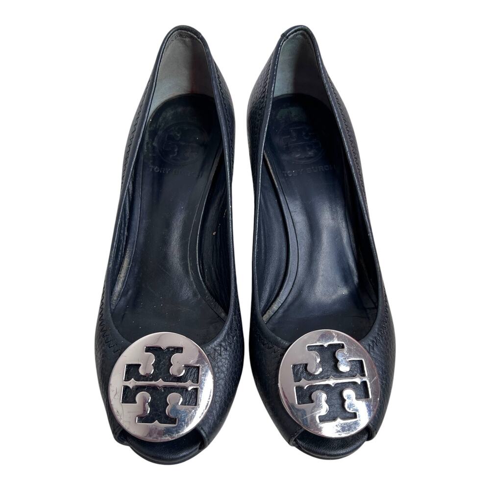 Tory Burch Sally Pebbled Leather Peep Toe Wedge Pump in Black Women's Size 5